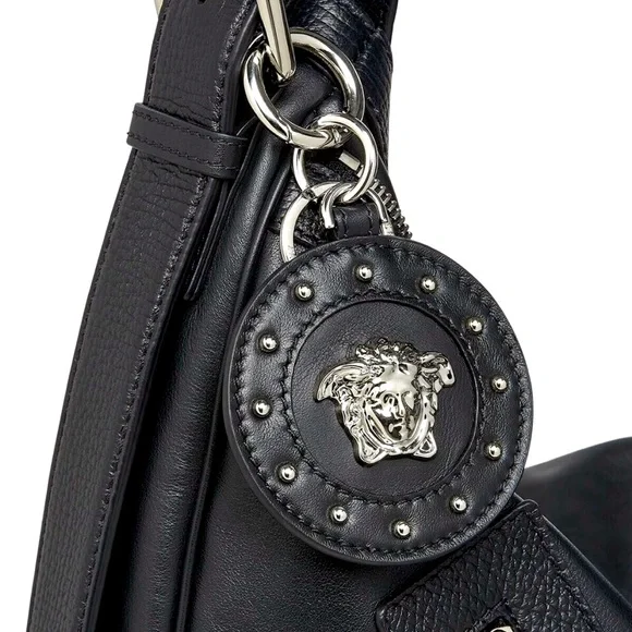 NWT VERSACE LA MEDUSA LOGO BLACK LEATHER STUDDED BAG CHARM KEY CHAIN - Picture 2 of 14